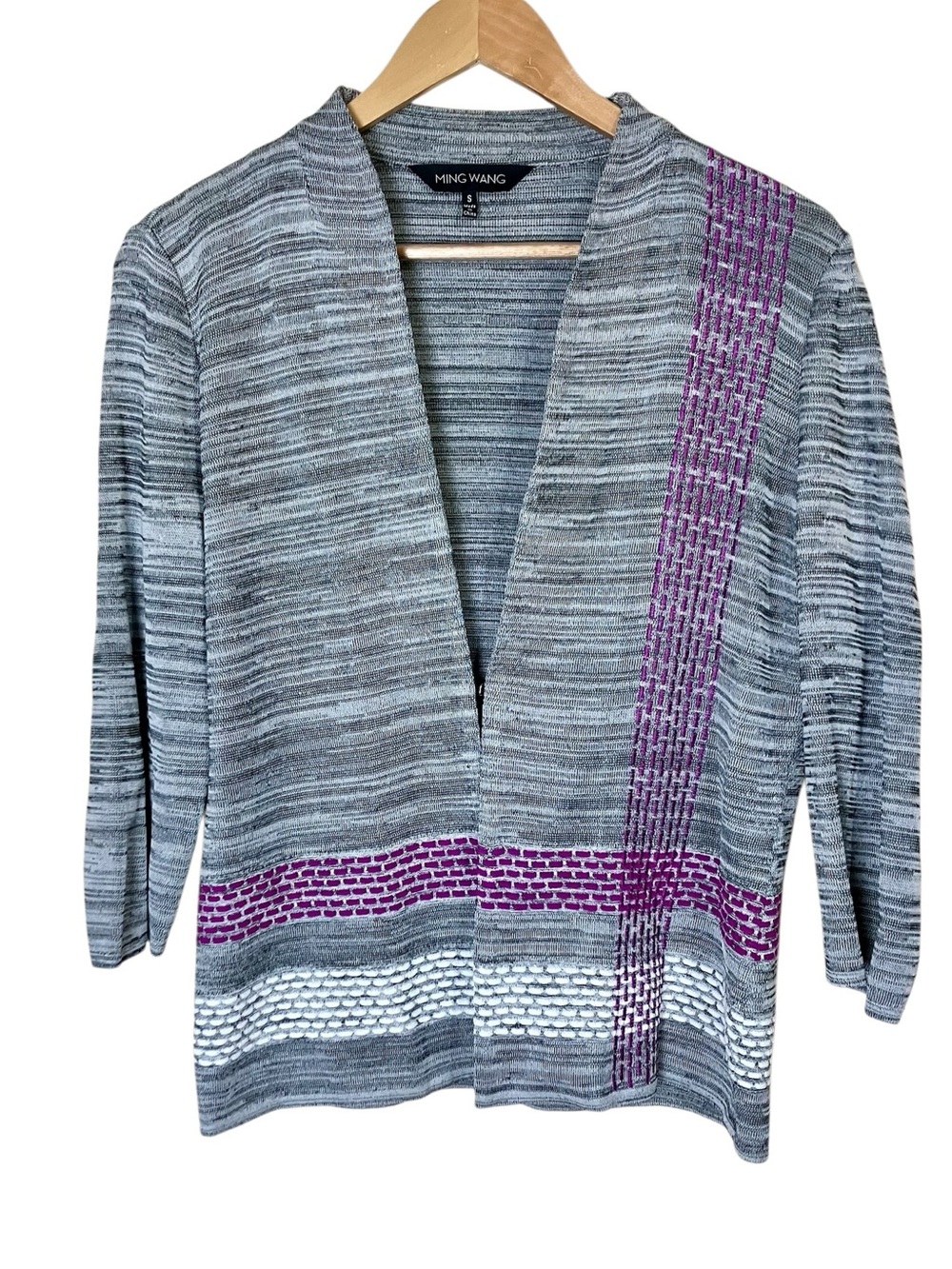 Ming Wang Knit Dinner Jacket Gray with Purple and White Stitching Size Small
